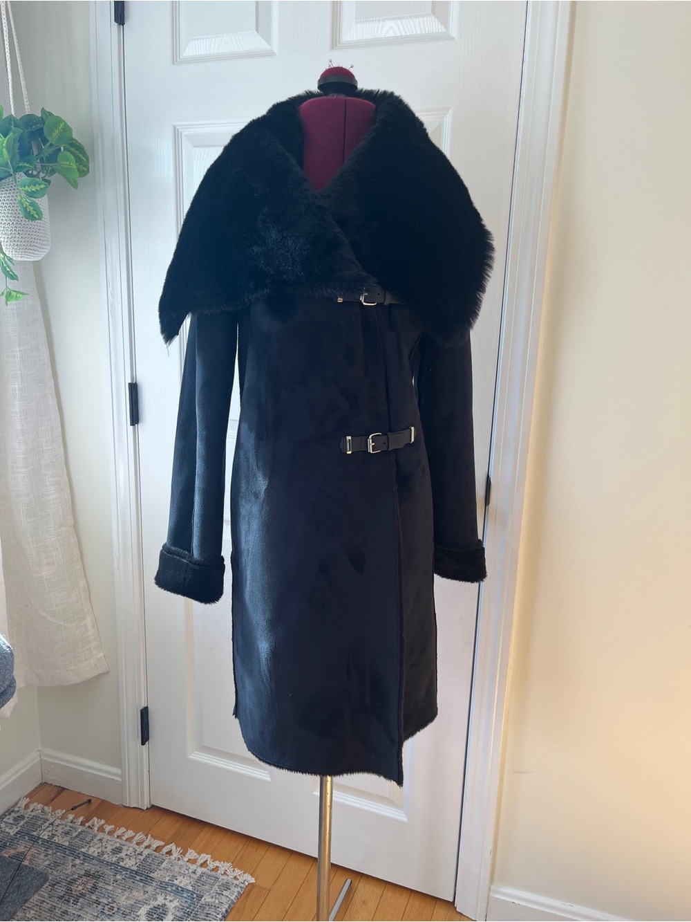 Calvin Klein Black Faux Fur Trim Trench Coat
